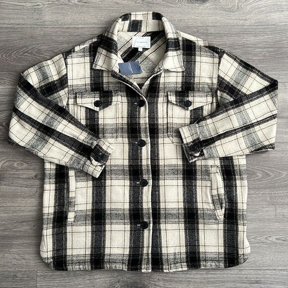 LUCKY BRAND Oversized Shacket Medium Plaid Cream Black Shirt Jacket 90s Western - Picture 1 of 12